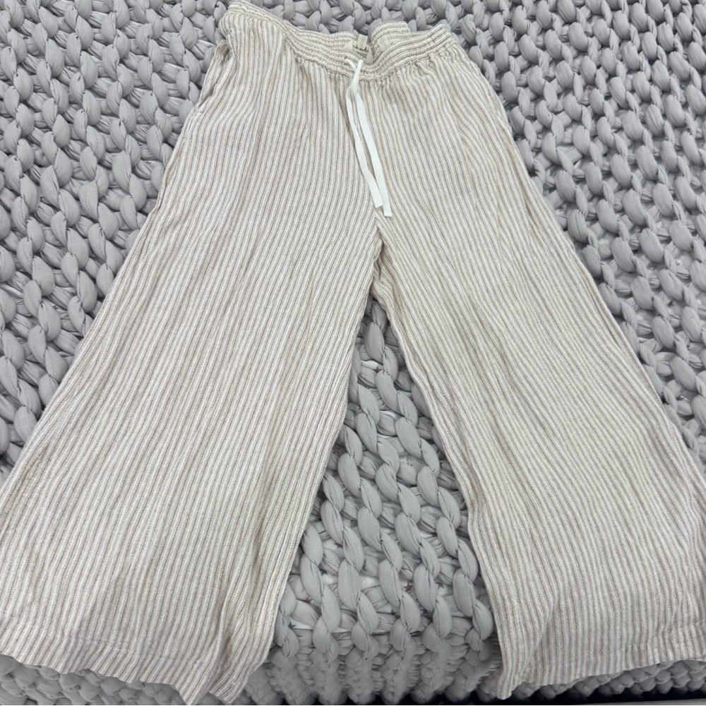 Beige Ribbed Wide-Leg Lounge Pants